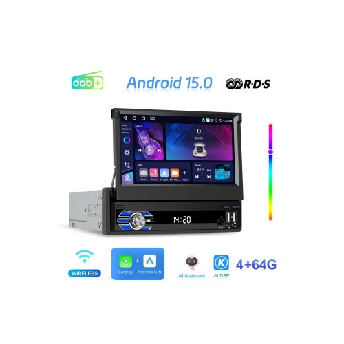 Radio auto 1DIN Android 7 inch retractabil 4GB+64GB Wireless CarPlay Android Auto Cod: A4186