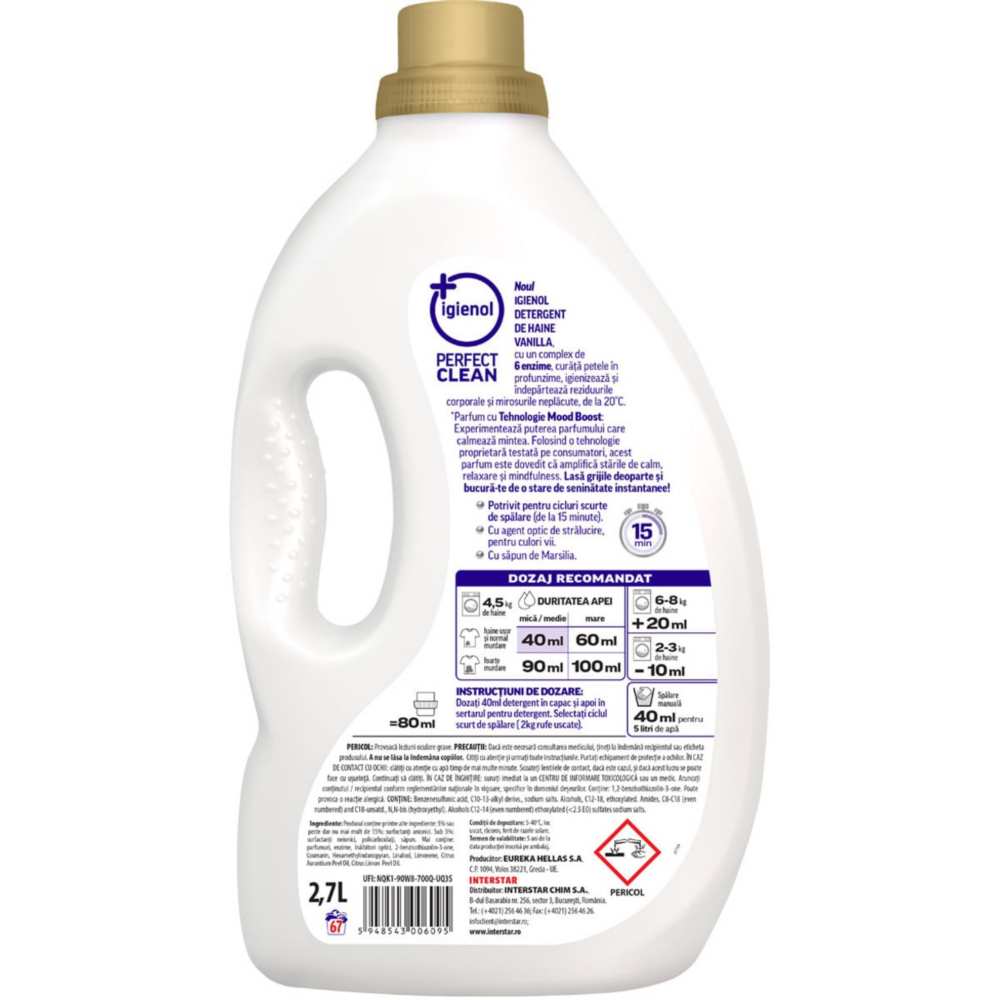 Detergent lichid Igienol Perfect Clean Vanilie, antibacterian, curatare profunda, 67 spalari, 2.7L 2
