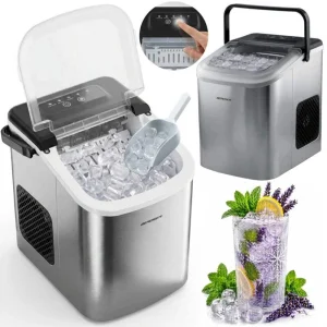 Aparat de facut cuburi de gheata, 2 dimensiuni de cuburi, functie de curatare automata, capacitate de pana la 12 kg / 24h, rezervor apa 1.1 L, 112 W, 28 x 23 x 30 cm, gri