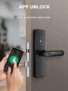 Incuietoare inteligenta DacEnergy©,material aliaj din aluminiu, deblocare Fingerpint,  Aplicatie, Cod, Card RFID, NFC, Cheie ,culoare negru