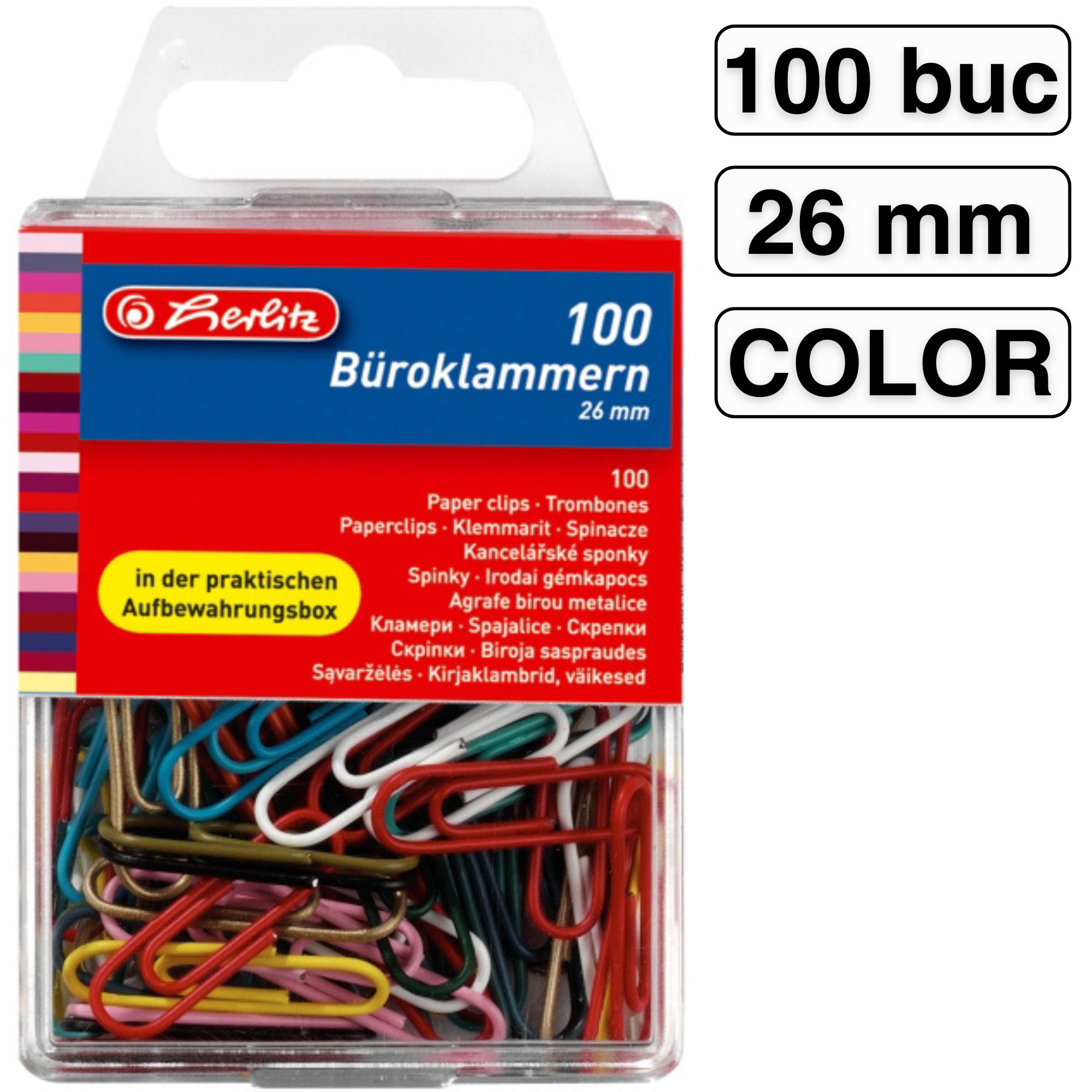 Agrafe birou colorate 26mm, 100 buc/cutie, HERLITZ