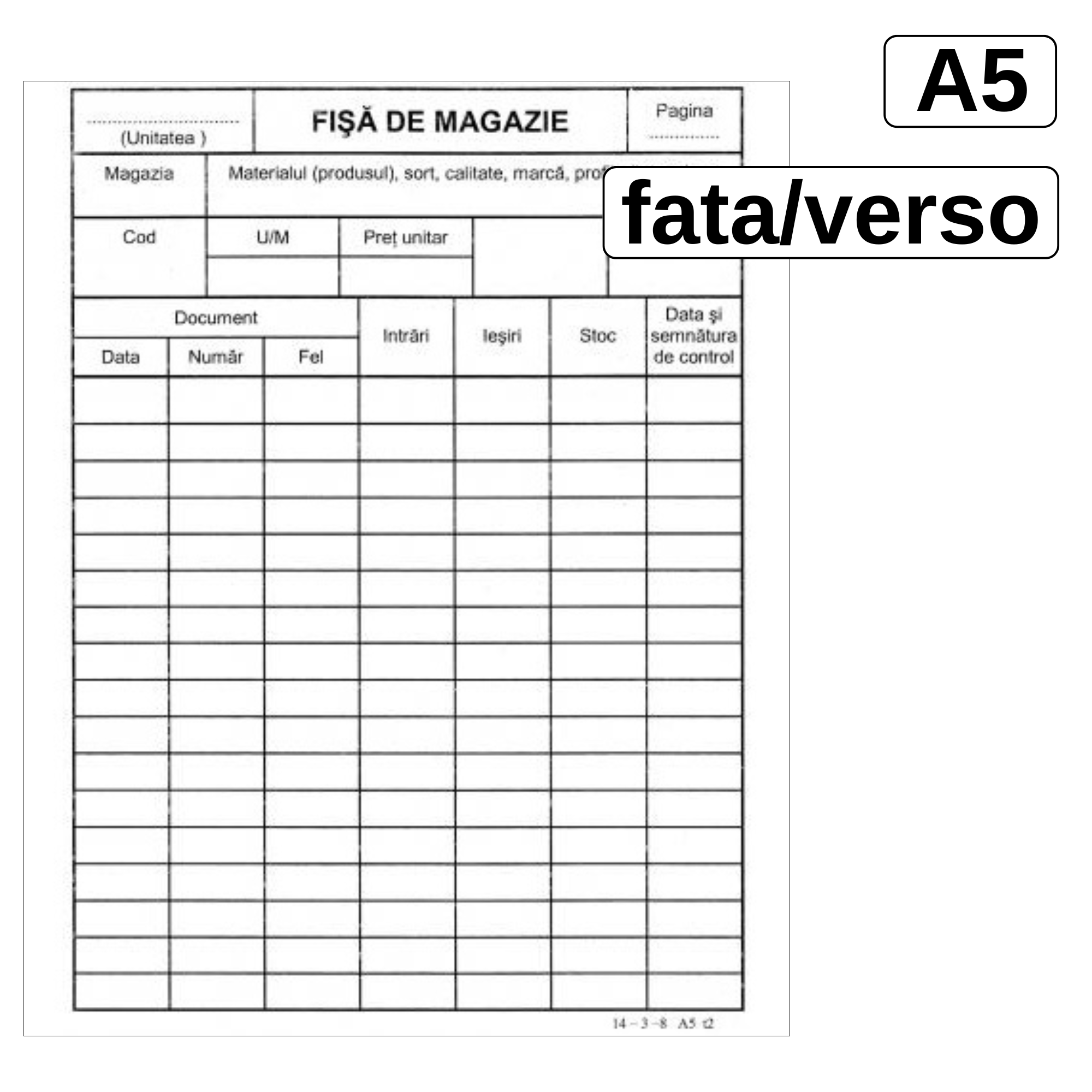 Fisa de magazie A5, fata-verso