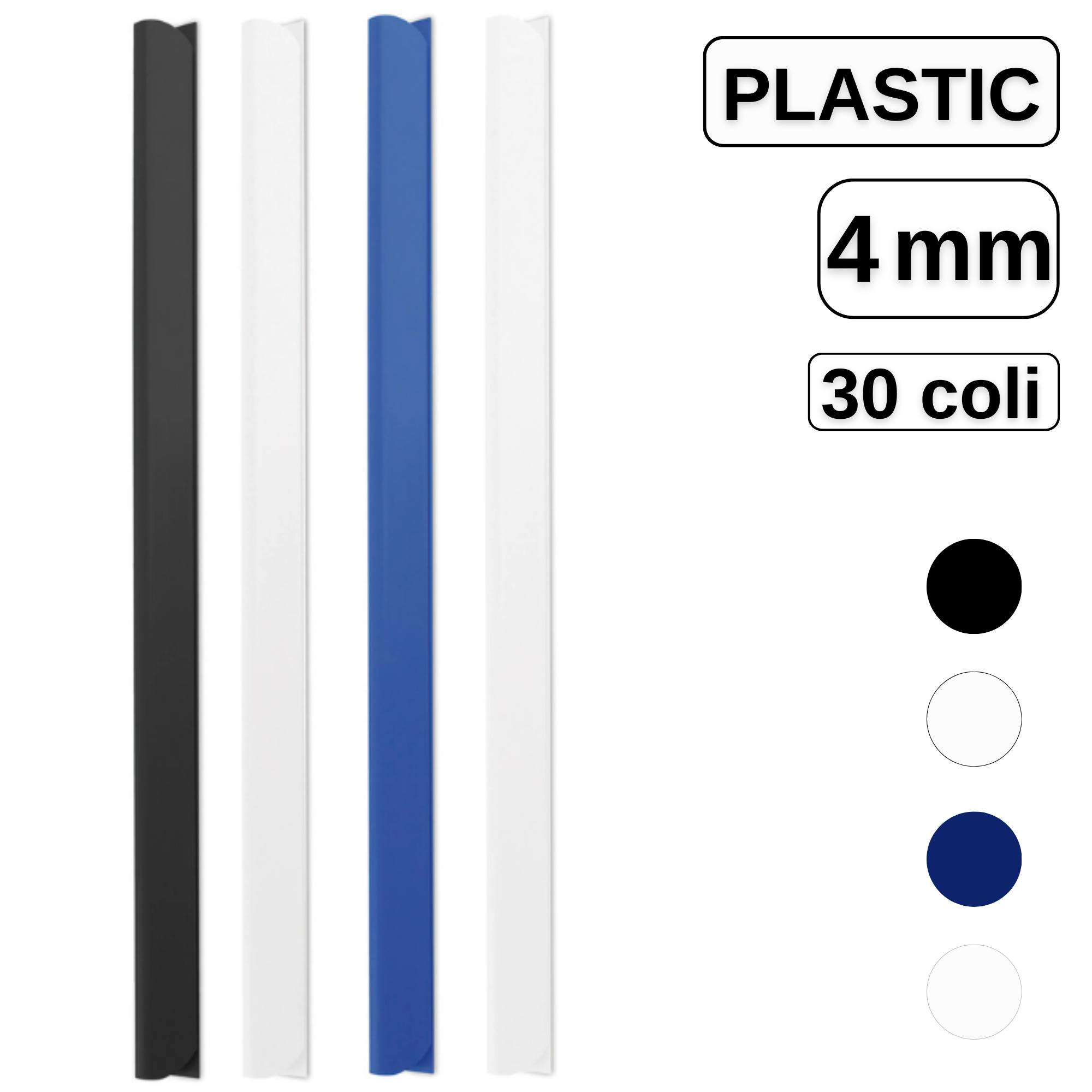 Baghete din plastic pentru legat documente, 4 mm, capacitate de legare 30 coli