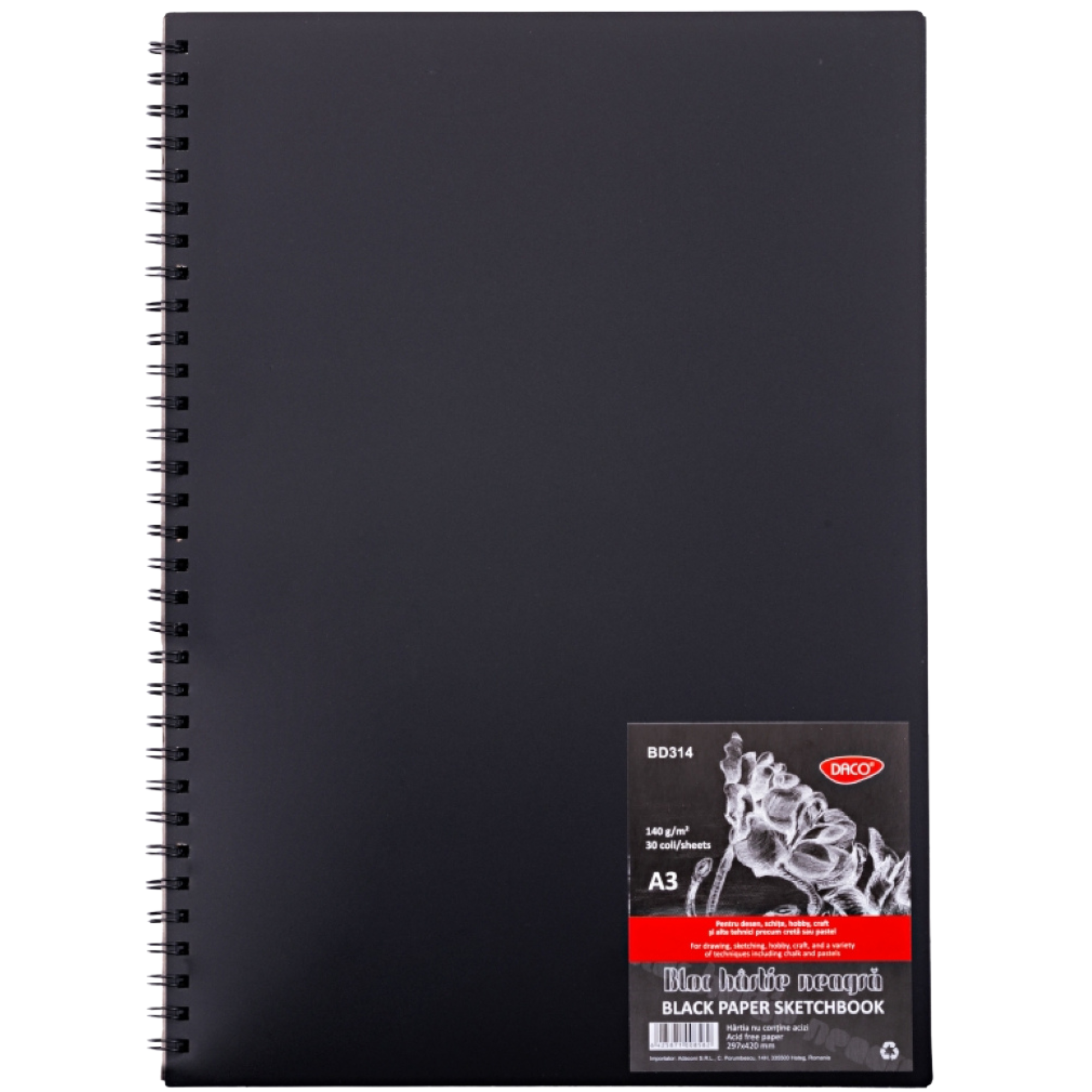Bloc desen si schite A3 cu spitala, hartie neagra, 140gr/mp, 30 file, DACO