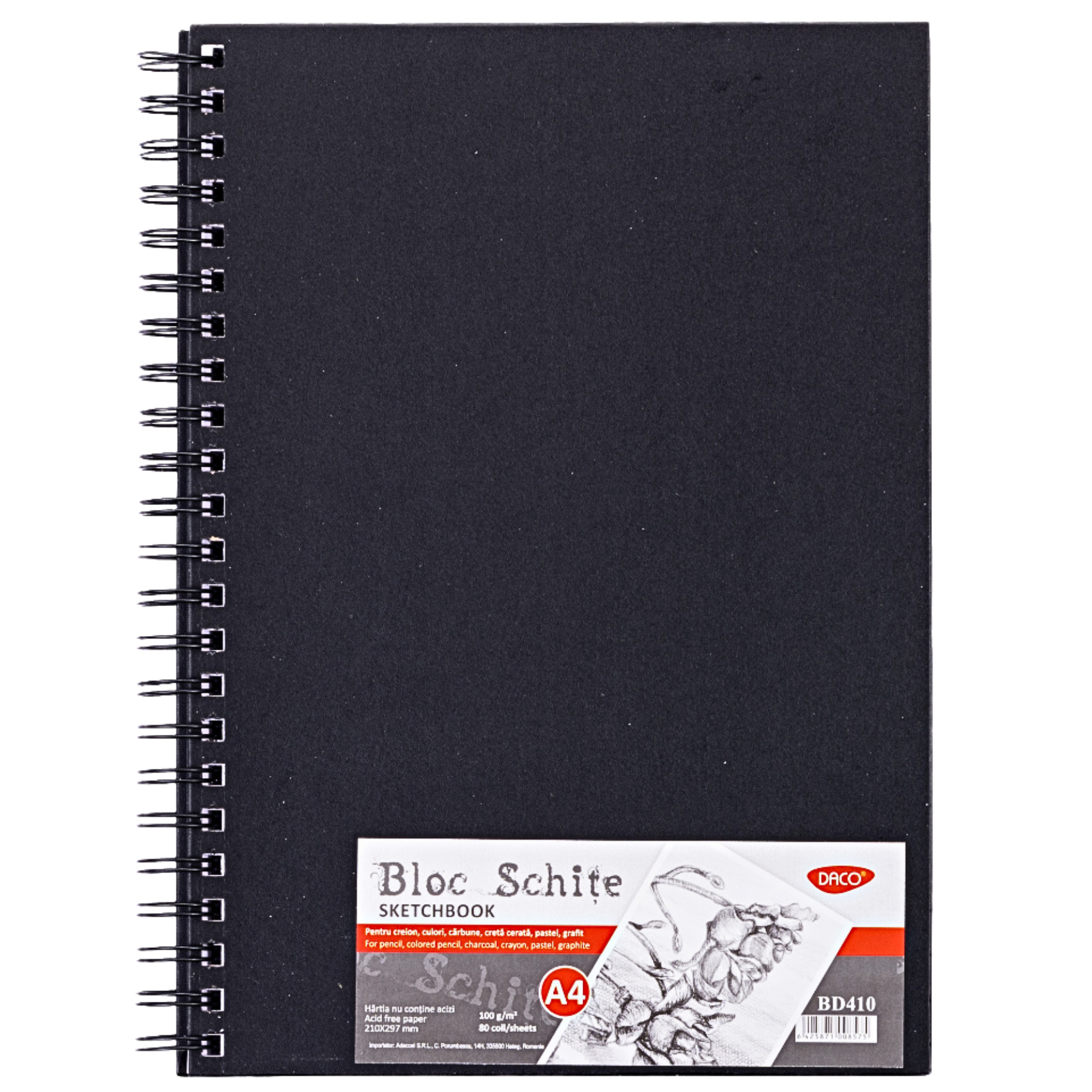 Bloc desen si schite A4 cu spirala, 100g/mp, 80 file, DACO