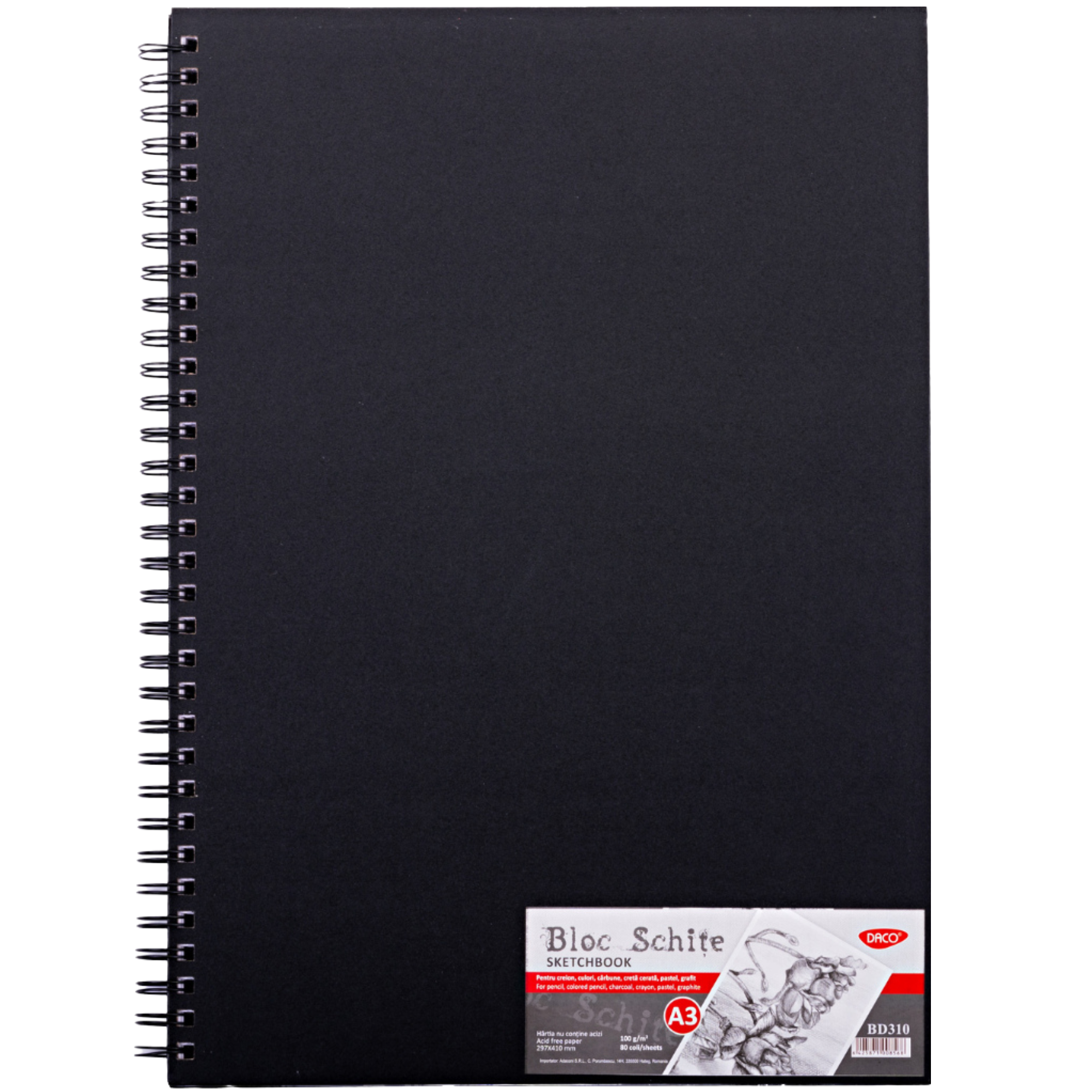 Bloc desen si schite A3 cu spirala, 100g/mp, 80 file, DACO
