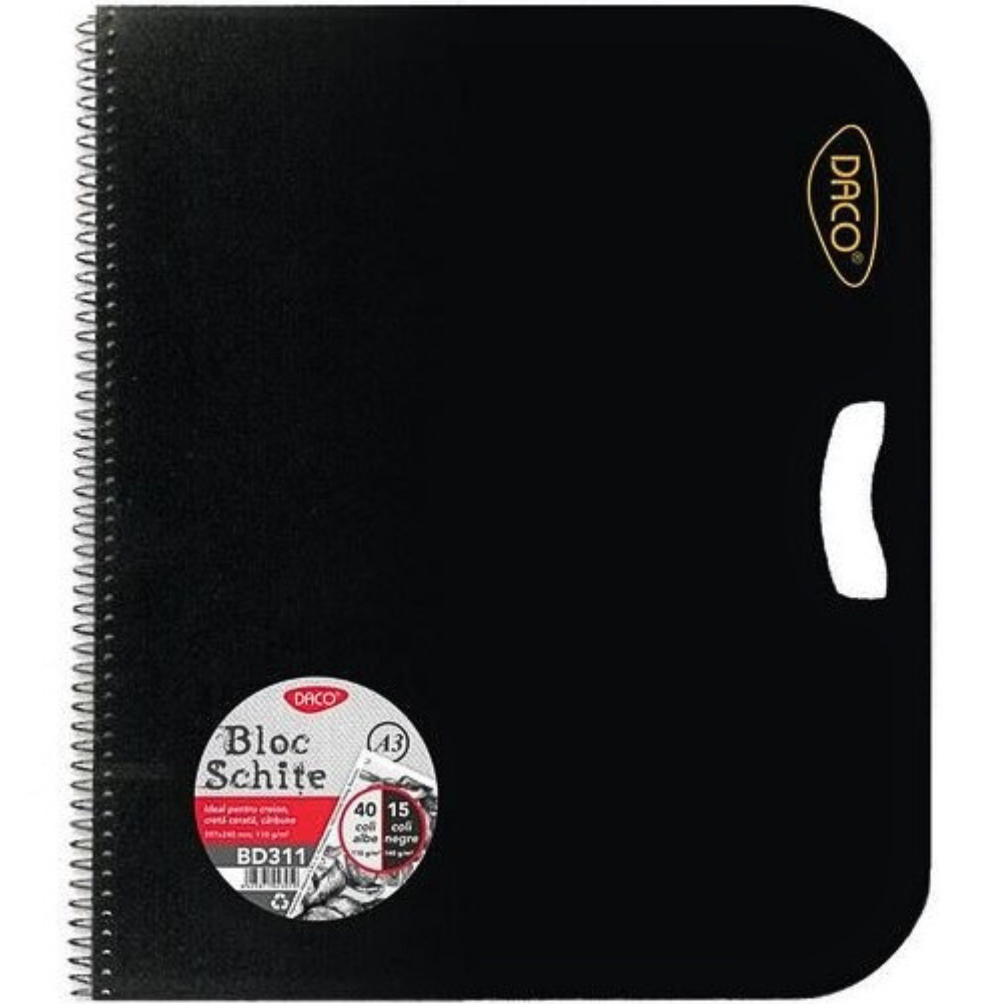 Bloc desen si schite A3 cu spirala si manere, hartie alba-neagra, 100g/mp, 55 file, DACO