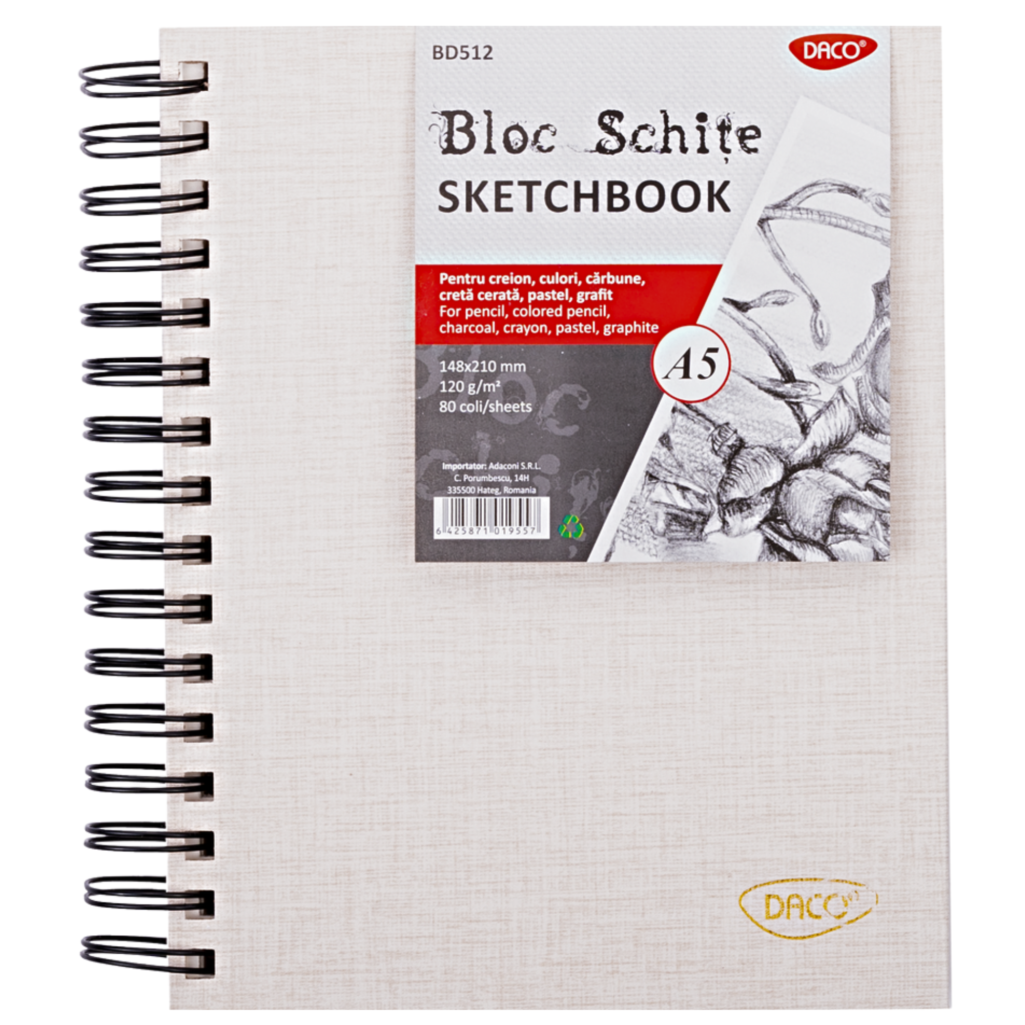 Bloc desen si schite A5 cu spirala, 120g/mp, 80 file, DACO