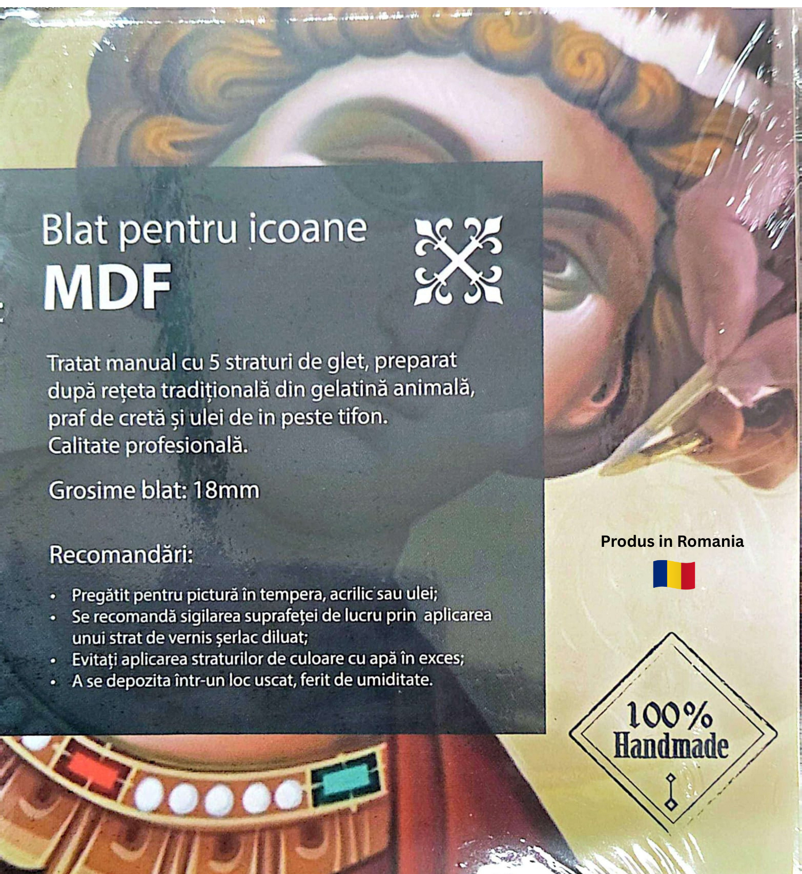 Blat icoana MDF 30x42 cm, tratat manual cu glet traditional, grosime 18 mm