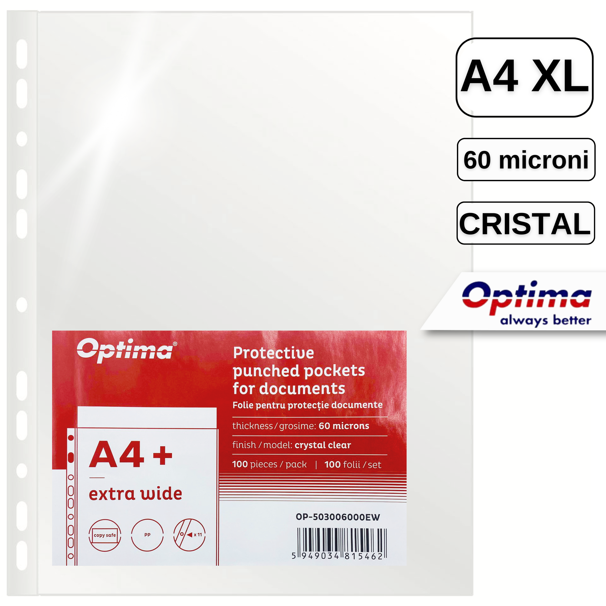 File protectie cristal, 60 microni, 100 buc/set, A4, Extra Wide, OPTIMA