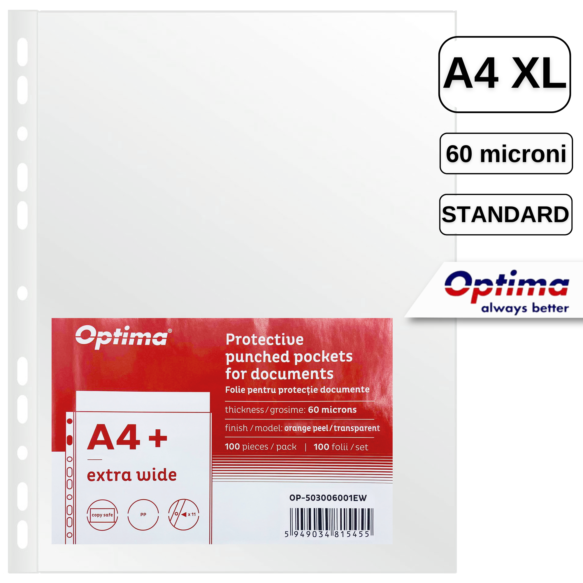 File protectie transparente, 60 microni, 100 buc/set, A4 XL Extra Wide, OPTIMA