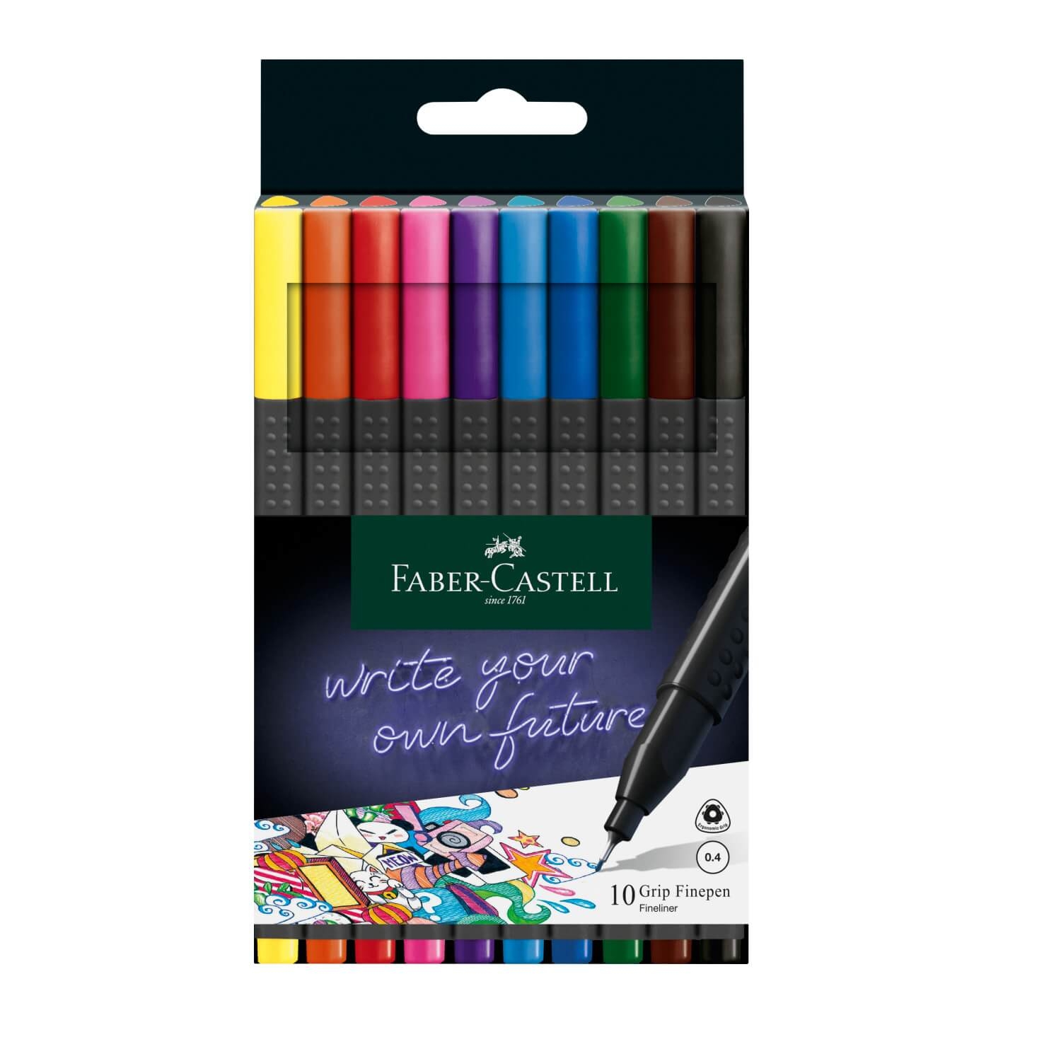 Fineliner 0.4 mm cu grip, FABER-CASTELL Neon, 10 culori/set
