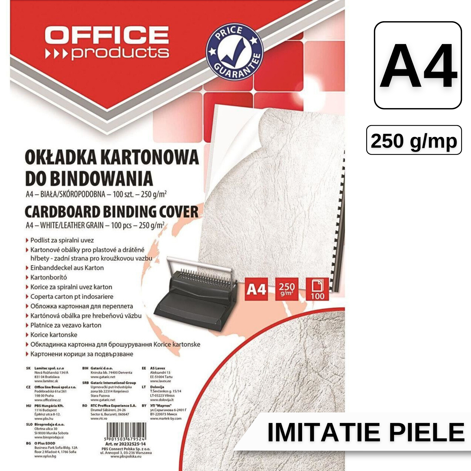 Coperti carton imitatie piele, A4, 250g/mp, alb, OFFICE PRODUCTS, 100 coli/top