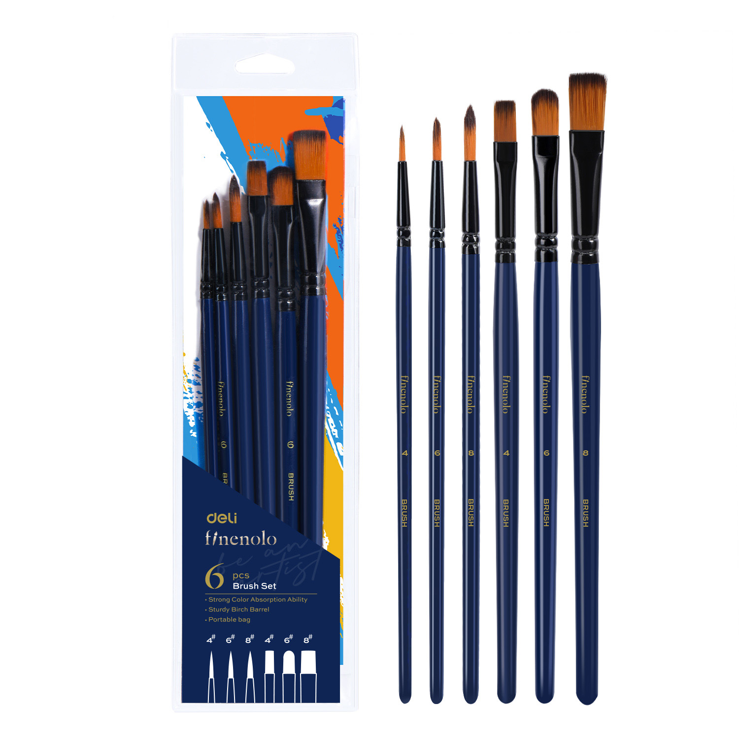 Set 6 pensule varf mixt rotund/tesit, numerele 4, 6, 8, DELI