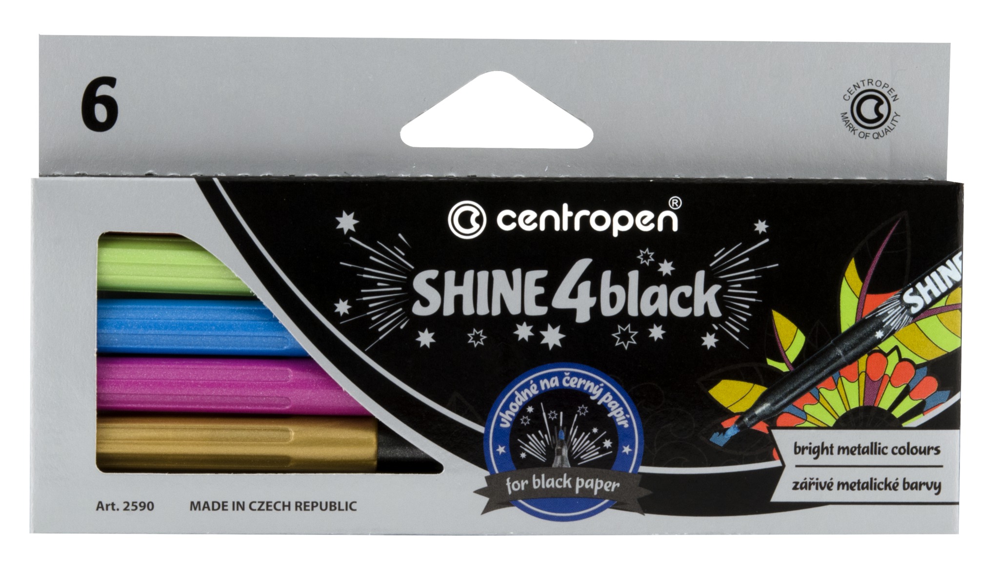 Marker permanent culori metalice, CENTROPEN Shine 4 Black , 6 culori/set