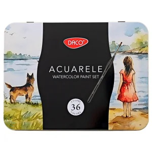 Acuarele in cutie metalica si 2 pensule, 36 culori/set, DACO
