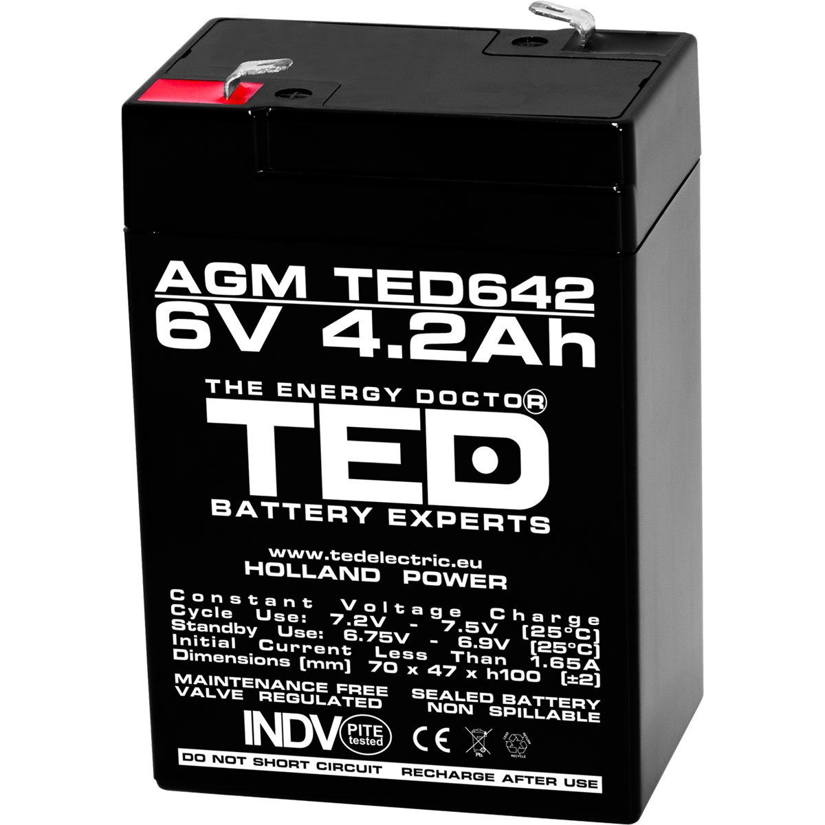 Acumulator AGM VRLA 6V, 4.2 Ah, dimensiuni 70 x 47 x 100 F1, TED Electric