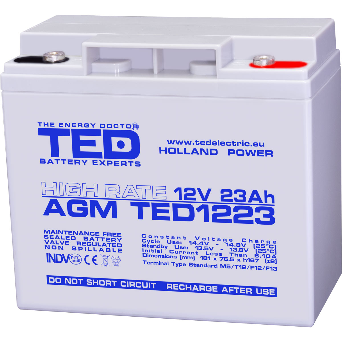 Acumulator AGM VRLA 12V High Rate, 23 Ah, dimensiuni 181 x 76,5 x 167 M5, TED Electric