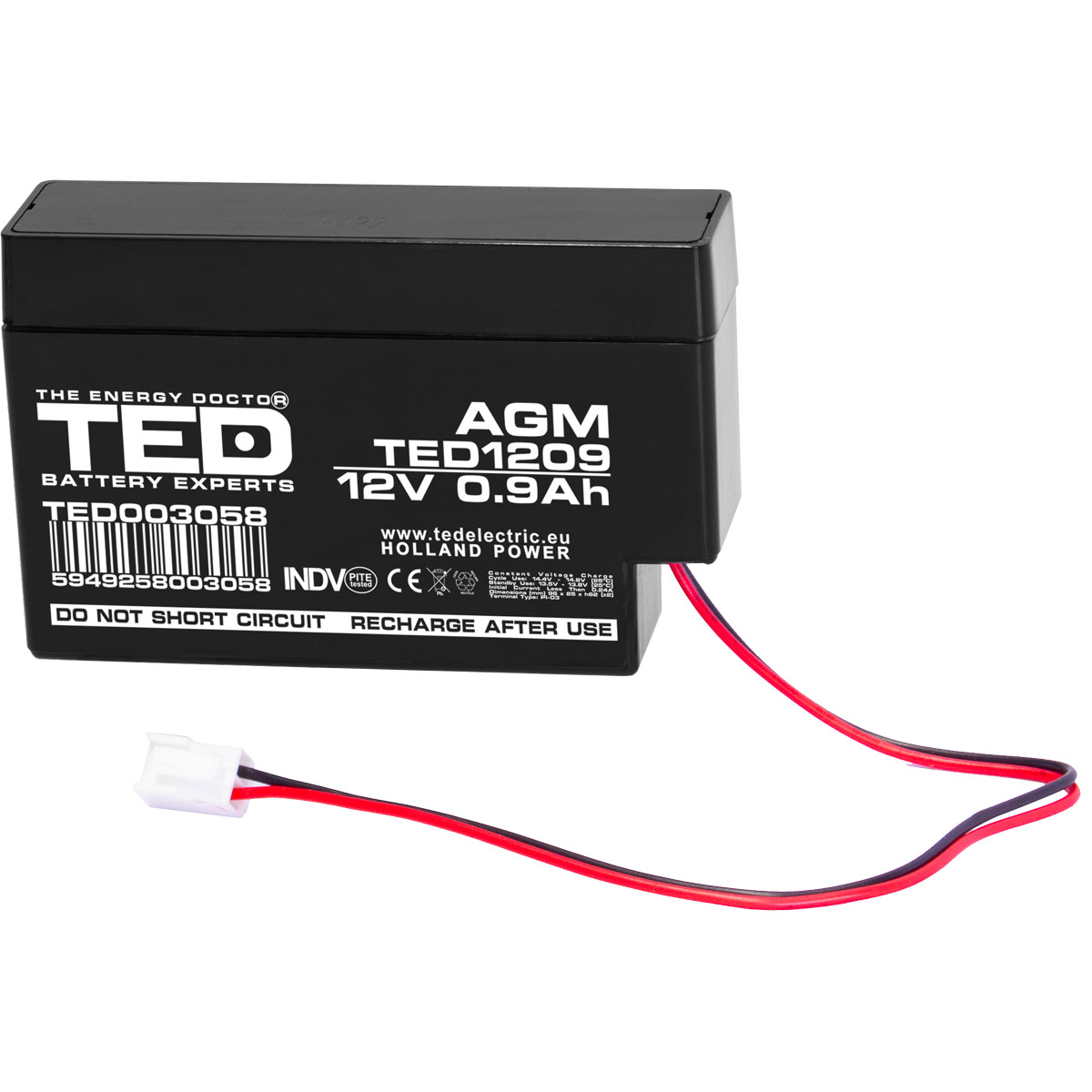 Acumulator AGM VRLA 12V 0,9Ah cu fir, dimensiuni 6 x 25 x 62 mm, TED Electric