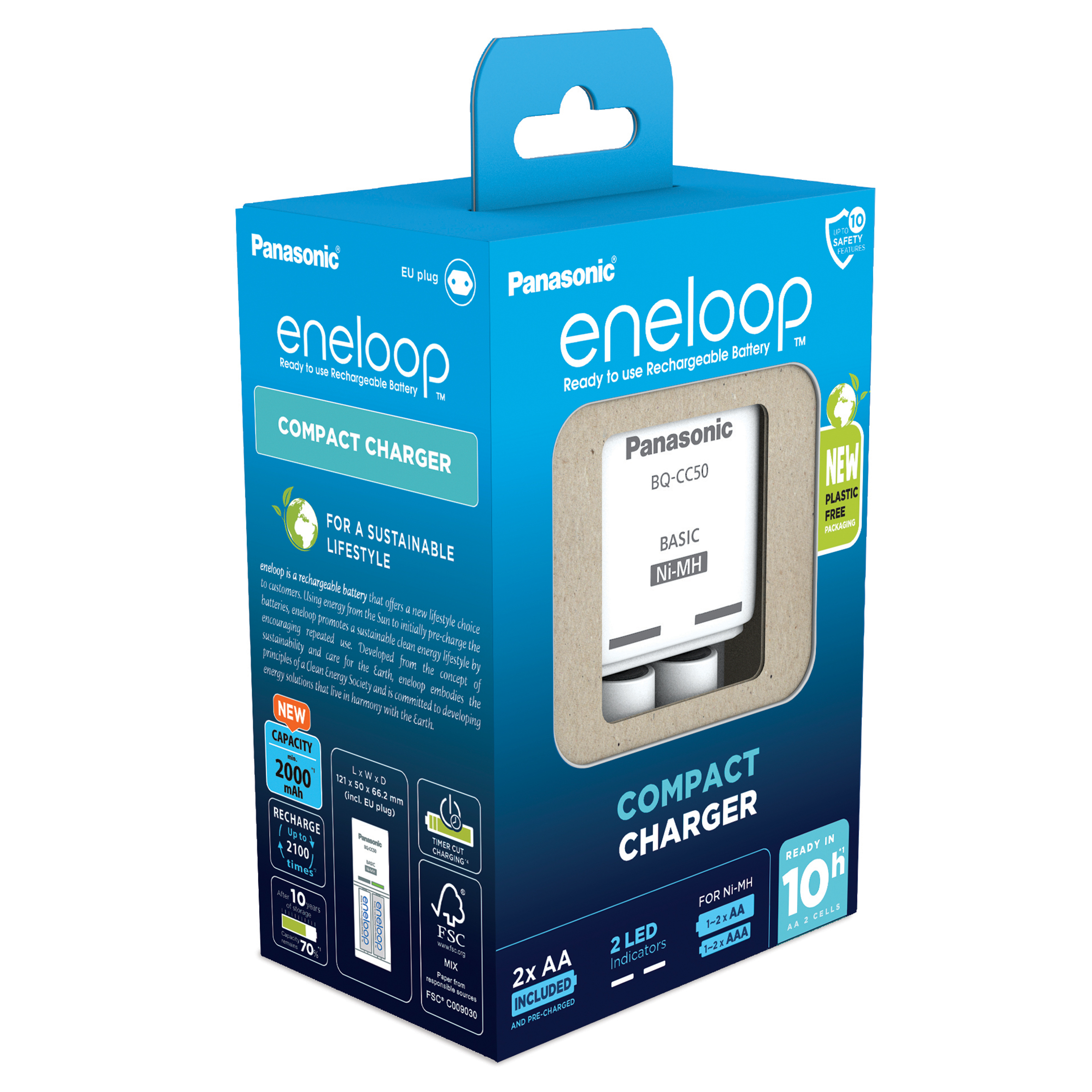 Incarcator baterii cu 2 baterii incluse AA LR6 Ni-Mh, PANASONIC Eneloop BQ-CC50 Basic cu incarcare individuala