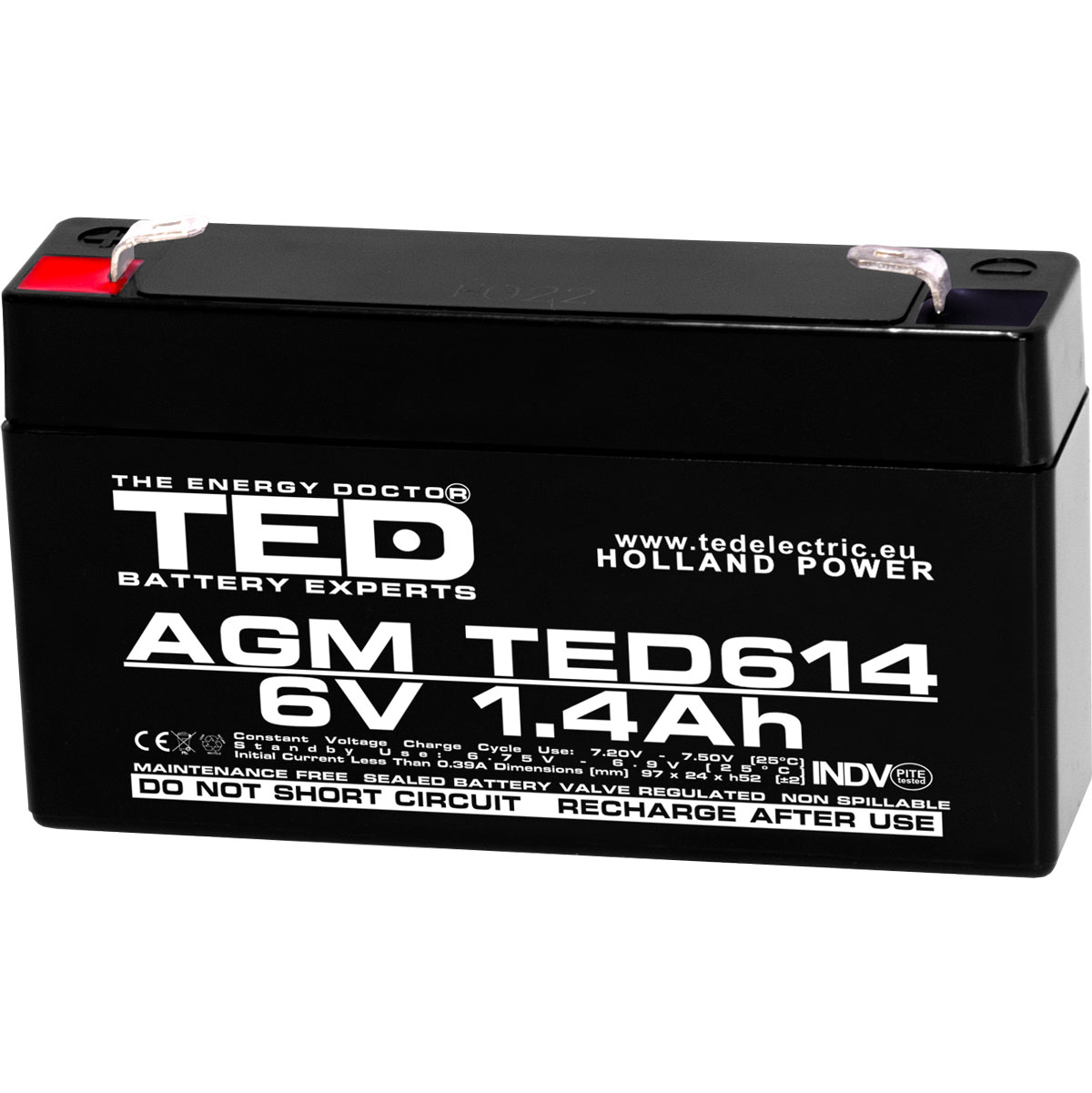 Acumulator AGM VRLA 6V, 1.4 Ah, dimensiuni 97 x 24 x 52 F1, TED Electric