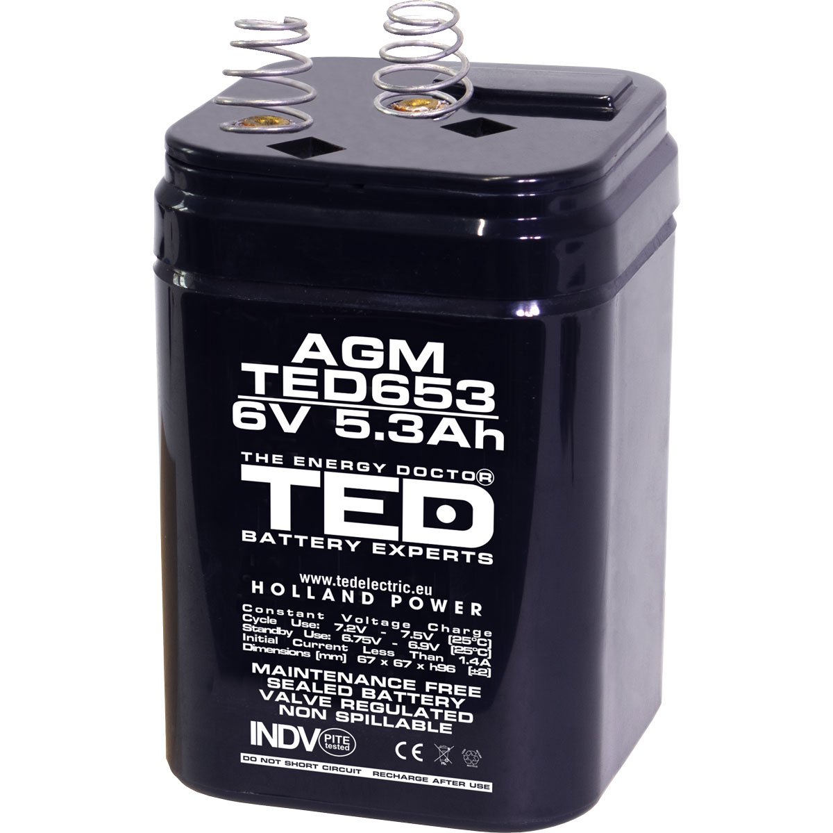 Acumulator AGM VRLA 6Vcu arcuri, 5.3 Ah, dimensiuni 67 x 67 x 96 4R25, TED Electric