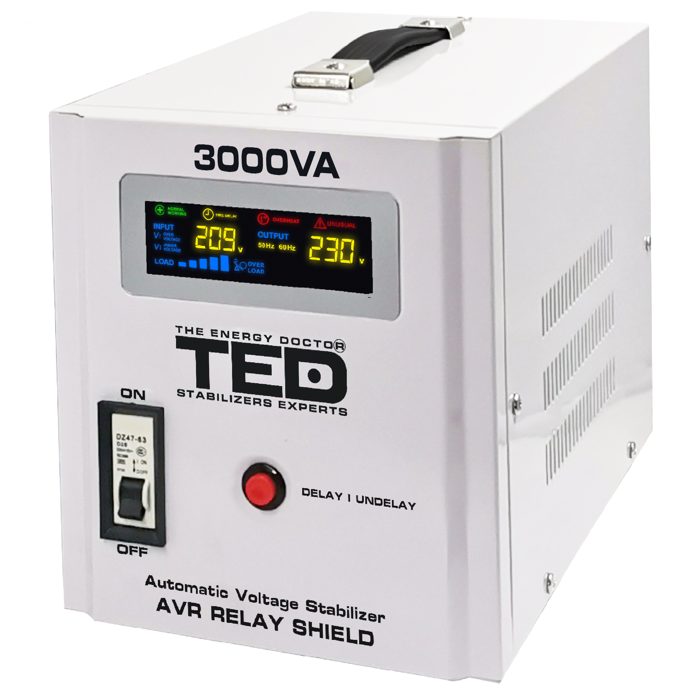 Stabilizator de tensiune retea, monofazat, 1800W, 230V, 2 prize si ecran LCD, sinusoidala pura, TED Electric