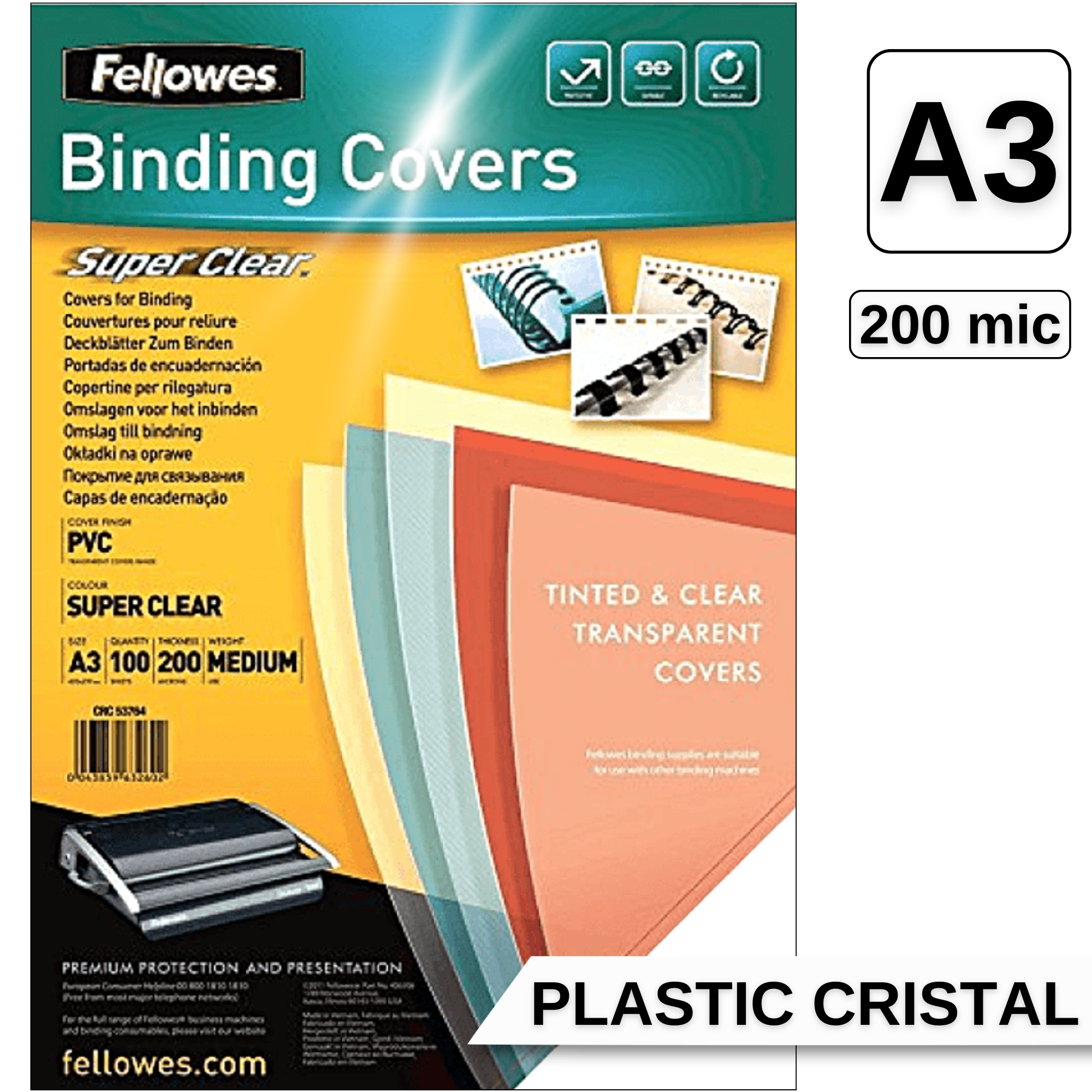 Coperti plastic transparent, A3, 200 microni, FELLOWES, 100 coli/top