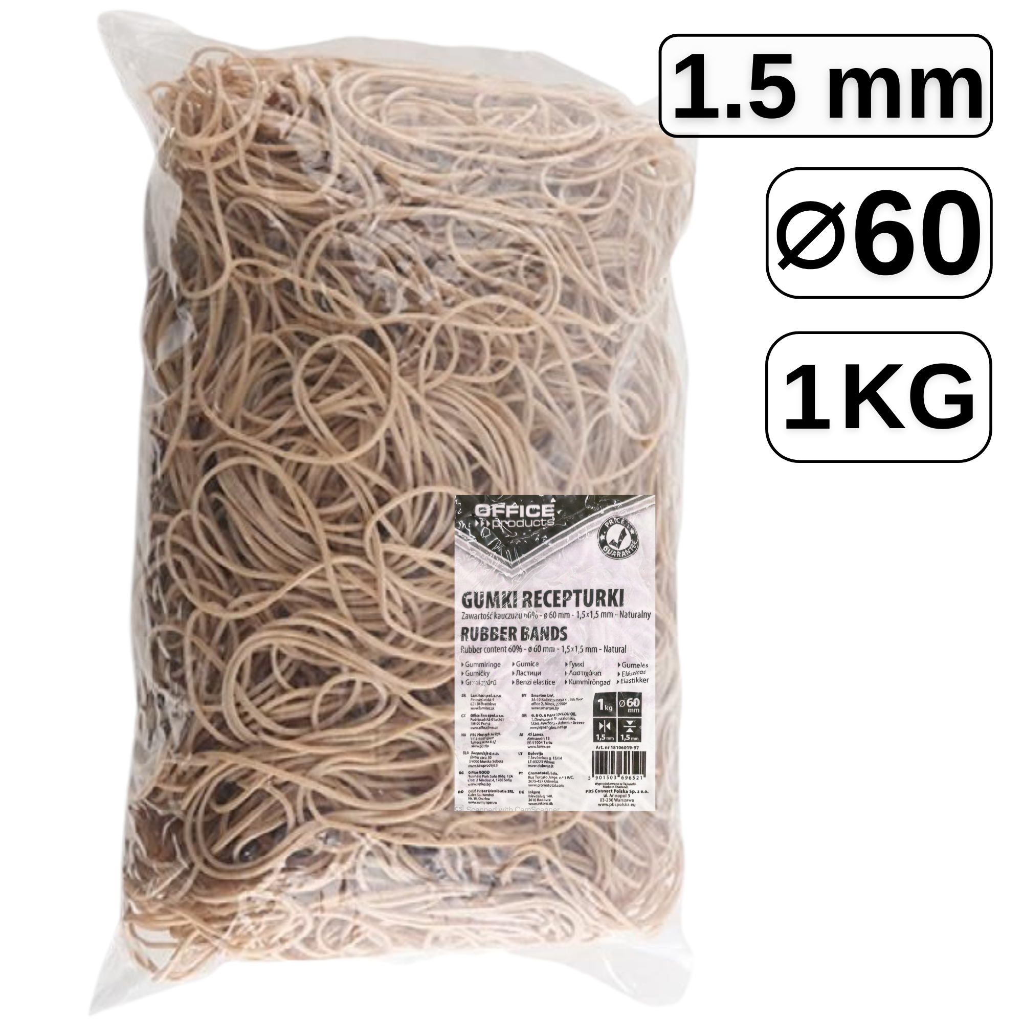 Elastice pentru bani, D 60 mm x 1.5 mm, 1 Kg, OFFICE PRODUCT