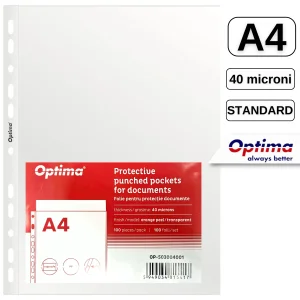 File protectie transparente, 40 microni, 100 buc/set, A4, OPTIMA