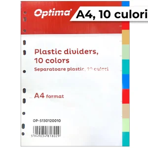 Separatoare plastic A4, 10 culori, OPTIMA