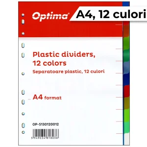 Separatoare plastic A4, 12 culori, OPTIMA