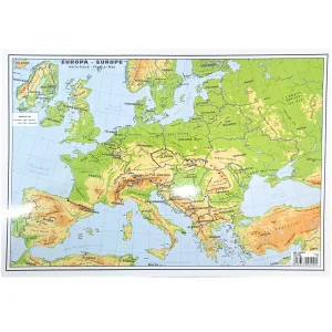 Plansa harta fizica si politica a Europei A4, fata-verso, NOVA