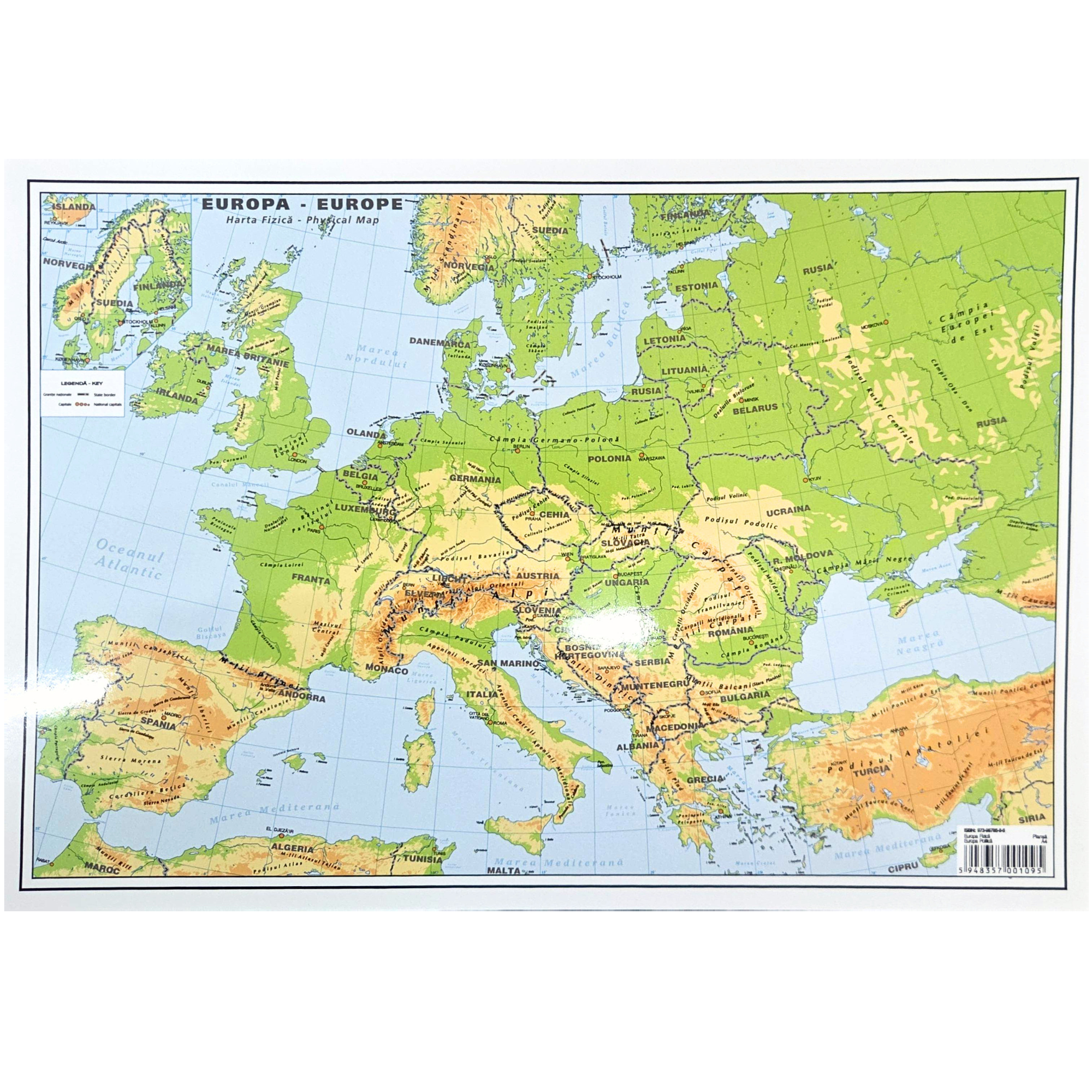 Plansa harta fizica si politica a Europei A4, fata-verso, NOVA