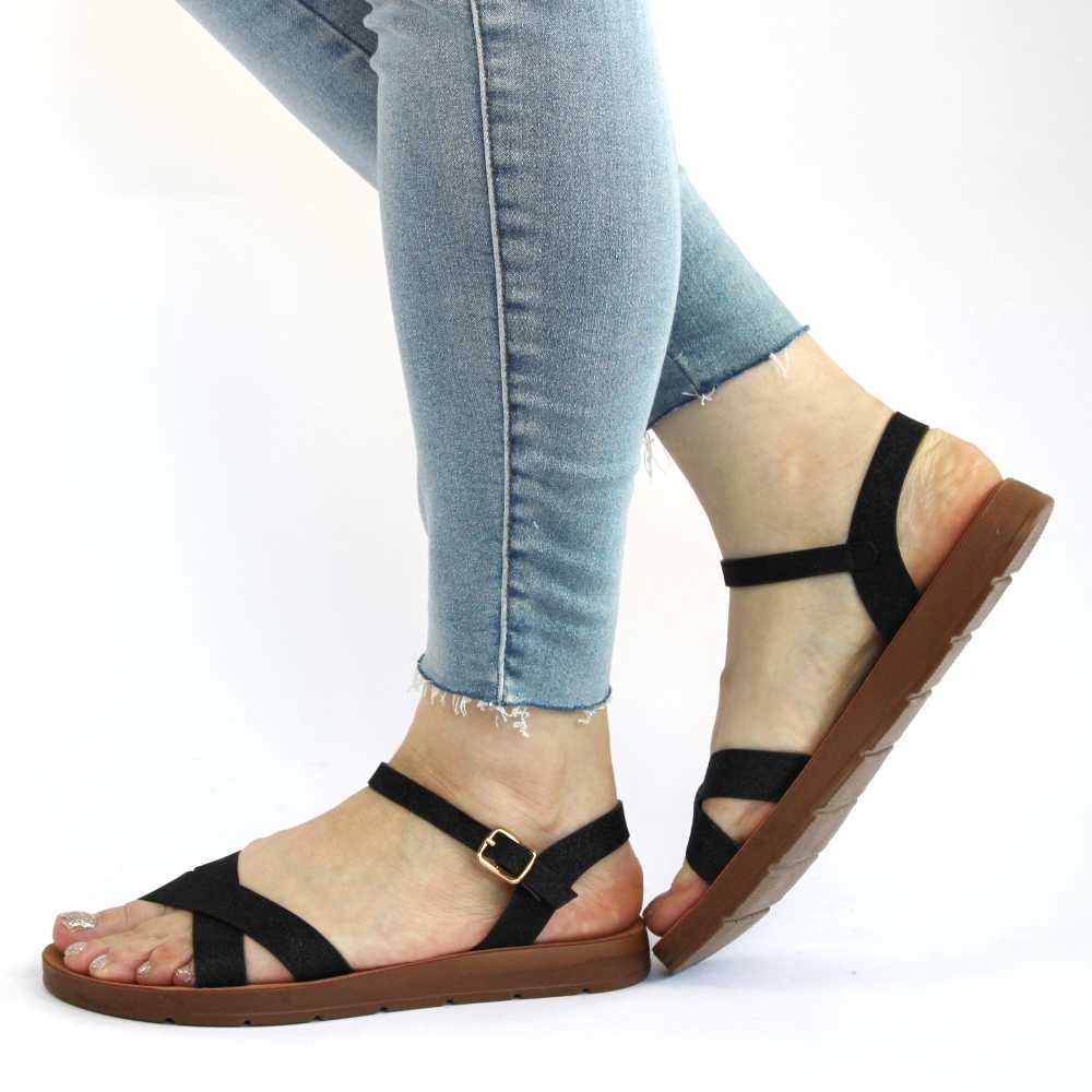 Sandale casual de dama cu bretele incrucisate PU-186-BLACK