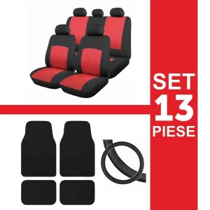 Set huse scaun 13 piese cu covorase mocheta si husa volan - ROSU