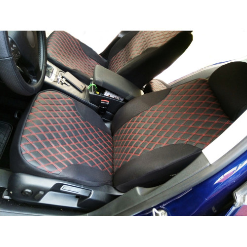 Huse auto compatibile Logan II  2013-2019 nefractionat MATERIAL ROMB - Negru cusatura Rosie