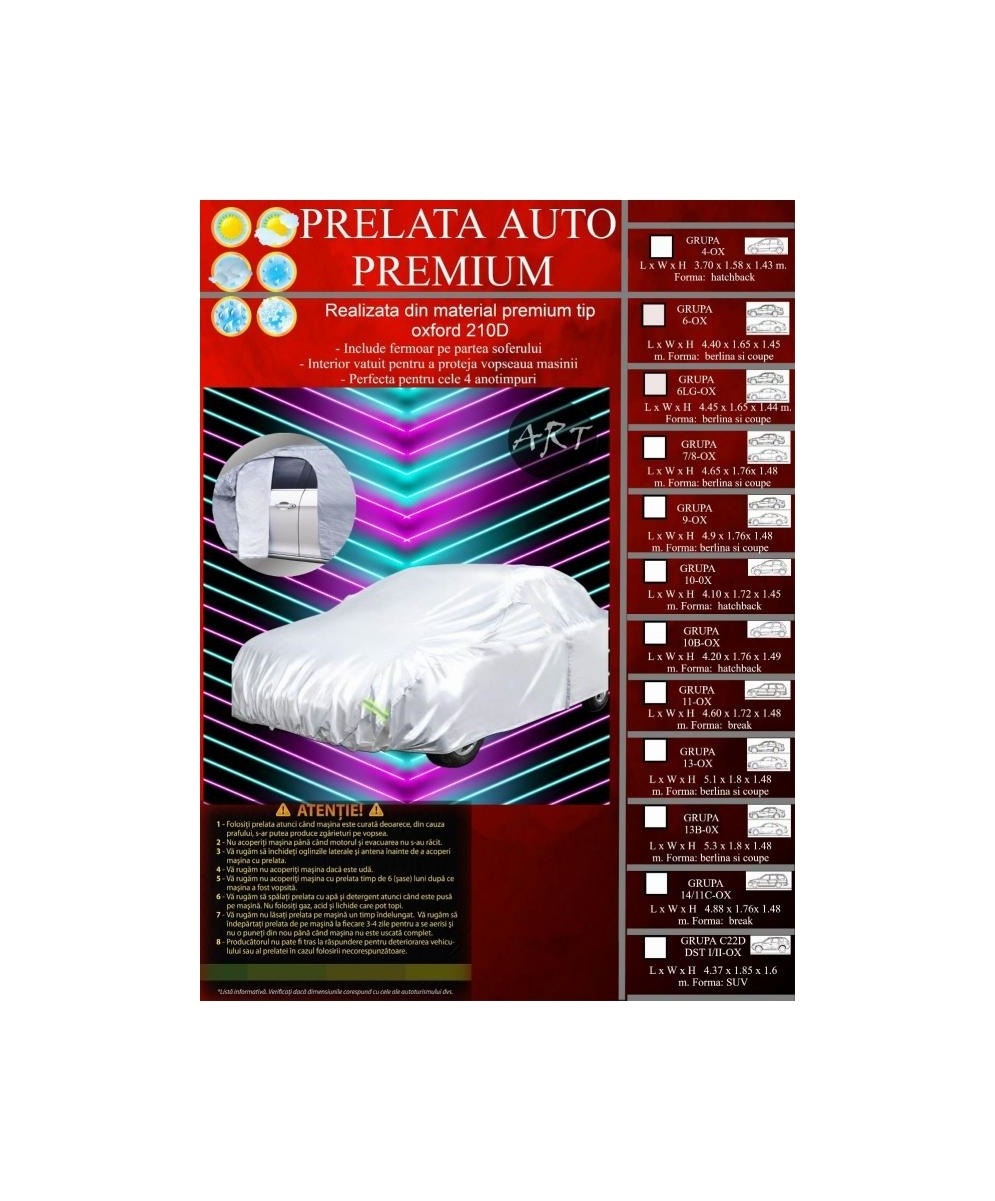 Prelata auto PREMIUM  material OXFORD GRUPA 10B-OX   Dimensiuni: 4,20x1,76x1,49m