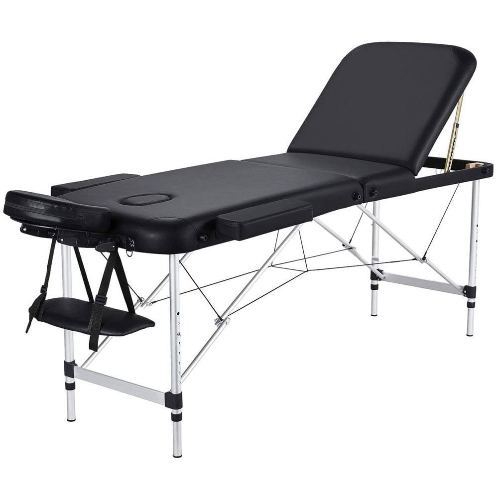 Pat pliabil negru din aluminiu usor Mira-Beauty, cu suport picioare reglabil, reglabil pe inaltime, pentru cosmetica si masaj, piele ecologica, husa transport, usor de transportat, dimensiune 185 x 60 cm