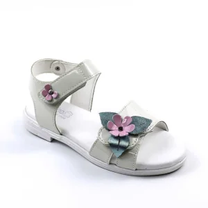 Sandale din piele naturala , pentru fetite , decorate cu flori 3263C-ALB/ROZ