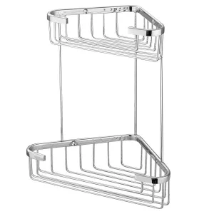 Etajera pentru baie DacEnergy©, montaj pe colt, material alama, cu doua rafturi, dimensiune 24x24x31 cm