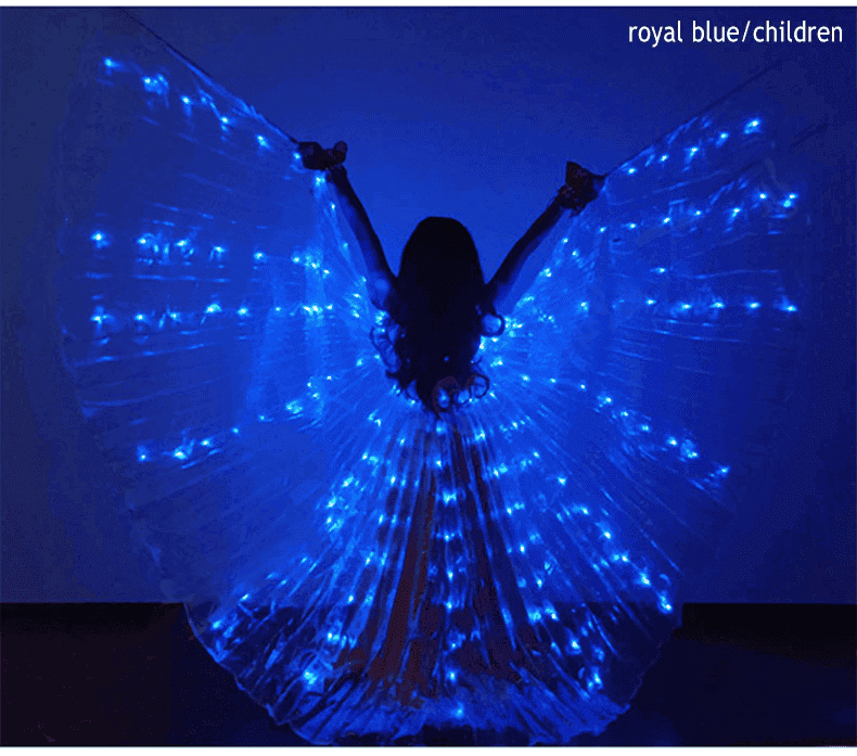 Aripi de dans fluture DacEnergy©, de copii,  pentru spectacol, cu Led, 2 bete extensibile, buton oprire/pornire, 250 x 120 cm, albastru