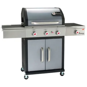 ​Gratar pe gaz, din otel inoxidabil, grill-ul din fonta emailata, 3 arzatoare si unul lateral, 12,5 kW, termometru incorporat in capac, piezo, suprafata de gatit 65x44 cm, gri