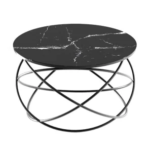 Masuta de cafea DacEnergy©, cadru metalic nichelat, sticla neagra cu aspect marmorat, design unic, atractiv, forma rotunda, fixa, 75 x 45 cm, negru