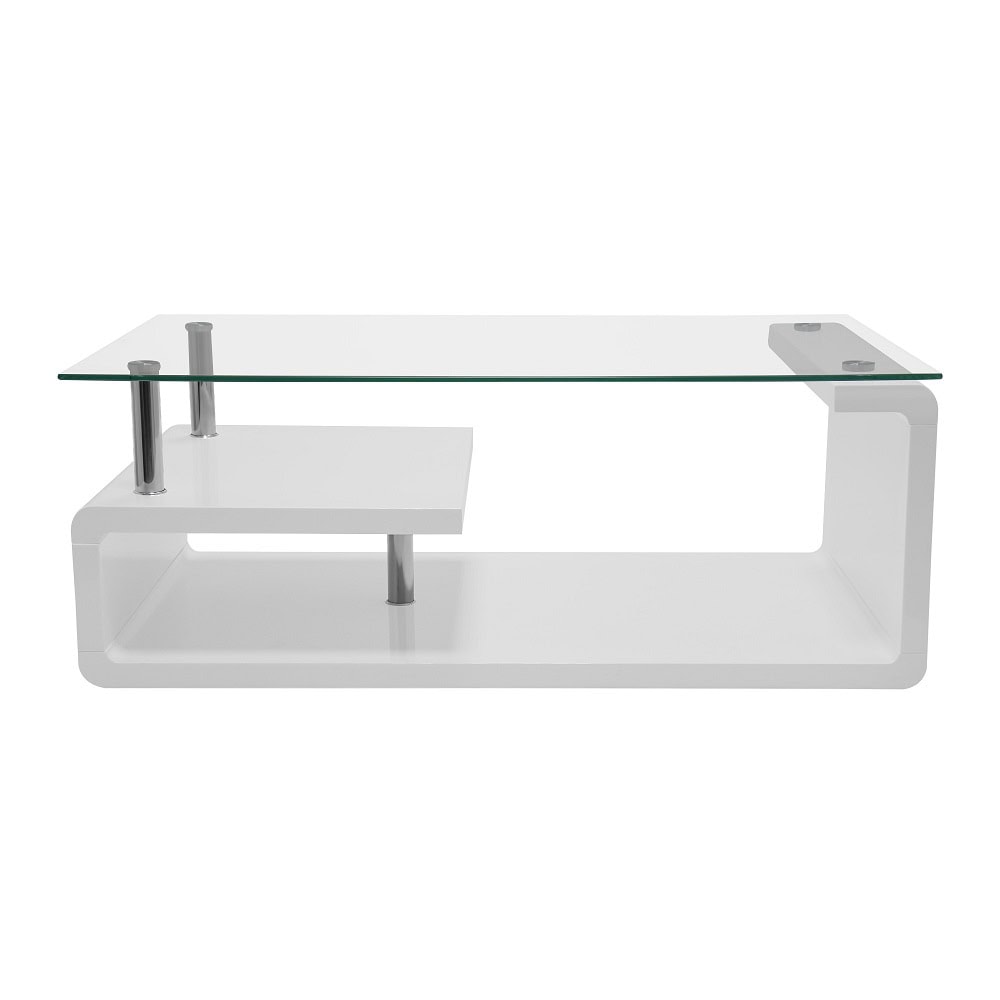 Masuta de cafea DacEnergy©, forma dreptunghiulara, cu raft, blat din sticla, finisaj alb, 110 x 65 x 42 cm