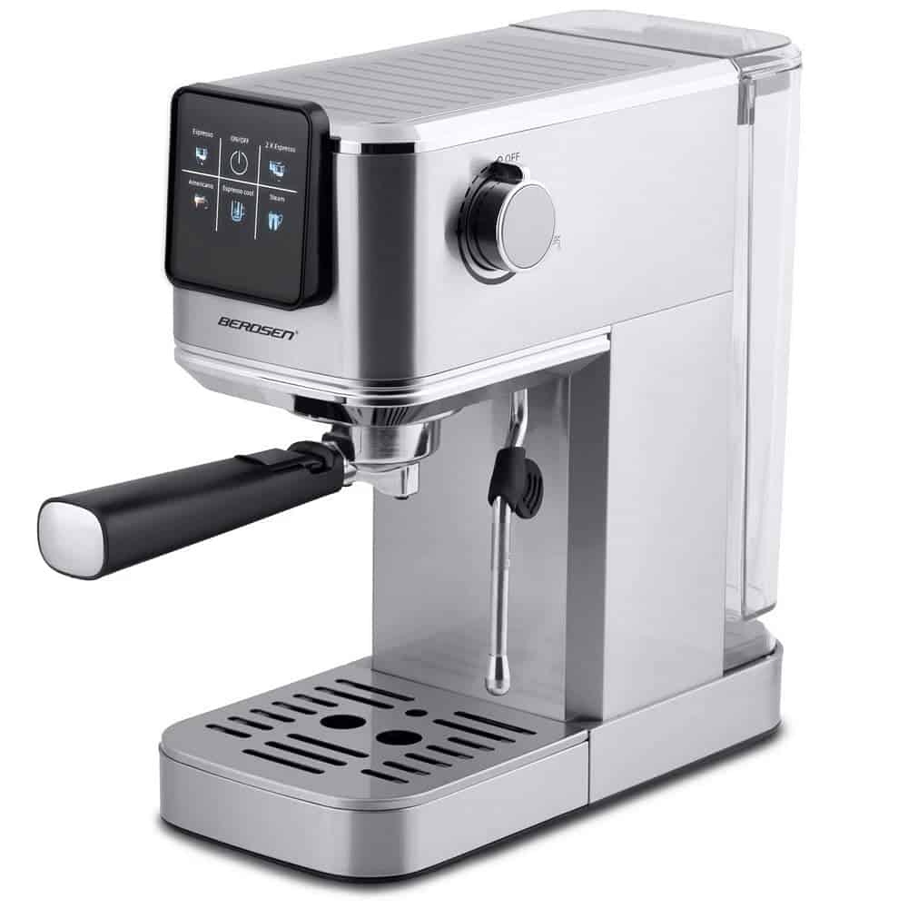 ​Espressor cu piston Berdsen, cafea macinata, presiune de 20 bar, ecran tactil, functie espresso rece, termometru incorporat, spumator de lapte, 220-240V, 1350 W, argintiu