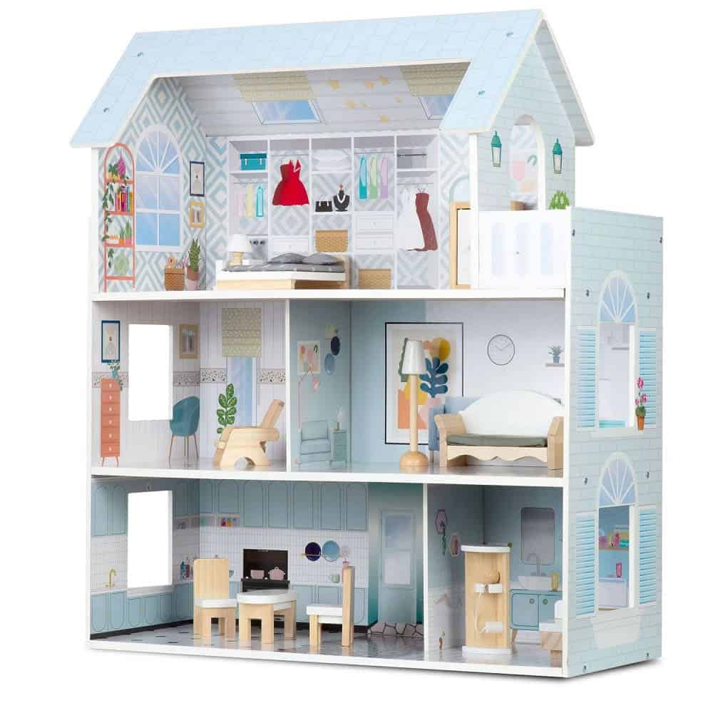 ​Casuta de papusi , din lemn si placa MDF, cu 3 etaje, 11 piese de mobilier, dus, dulap, lampa, fotoliu, 5 camere si terasa, aranjamente interesante, 70 x 60 x 24 cm, albastru
