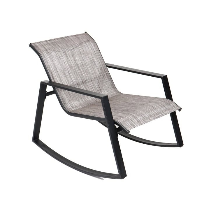 Set masa patrata pentru gradina DacEnergy©, structura metalica, blat de sticla, 2 scaune balansoar, cu spatar si brate, 51 x 51 cm