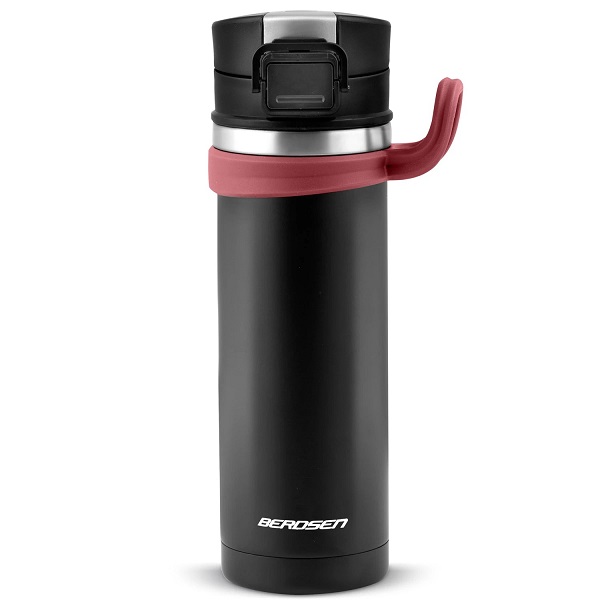 Termos, fabricat din otel inoxidabil, cu maner, forma ergonomica, pastreaza temperatura pana la 12 ore calda sau rece, capacitate 450 ml, negru si rosu