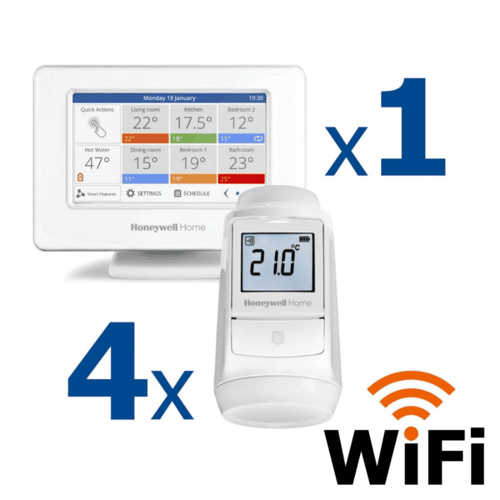 Kit termostat de ambient si 4 capete termostat smart pentru calorifer Honeywell Home, Wi-Fi, control de la distanta, siguranta pentru copii, detectare fereastra deschisa, protectie la inghet, afisaj digital